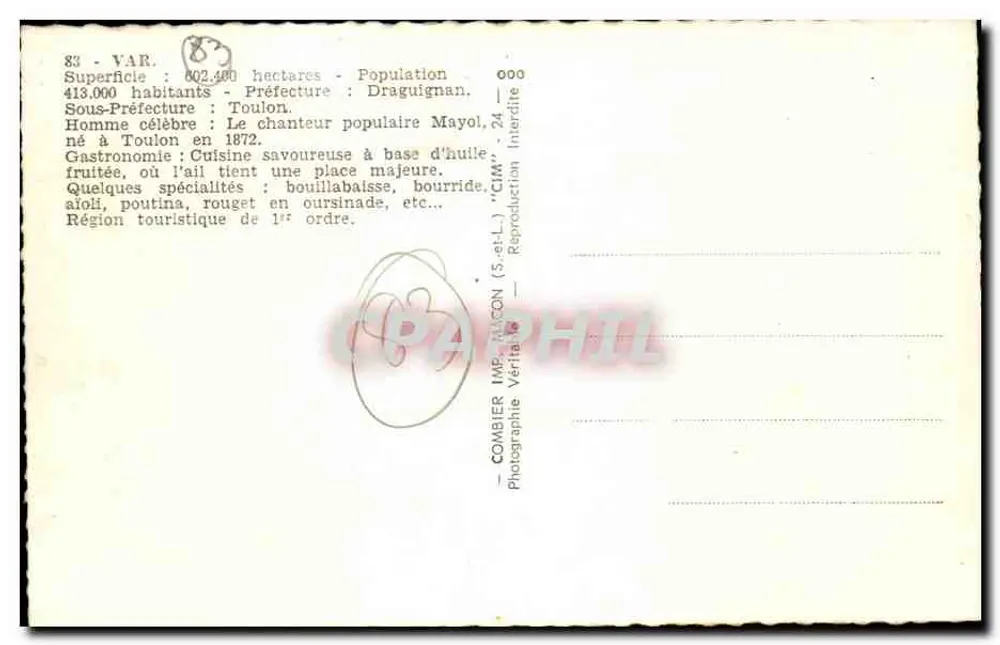 Var — Carta postal panorâmica com mapa e vistas de comunas — Combier Imprimerie - Verso