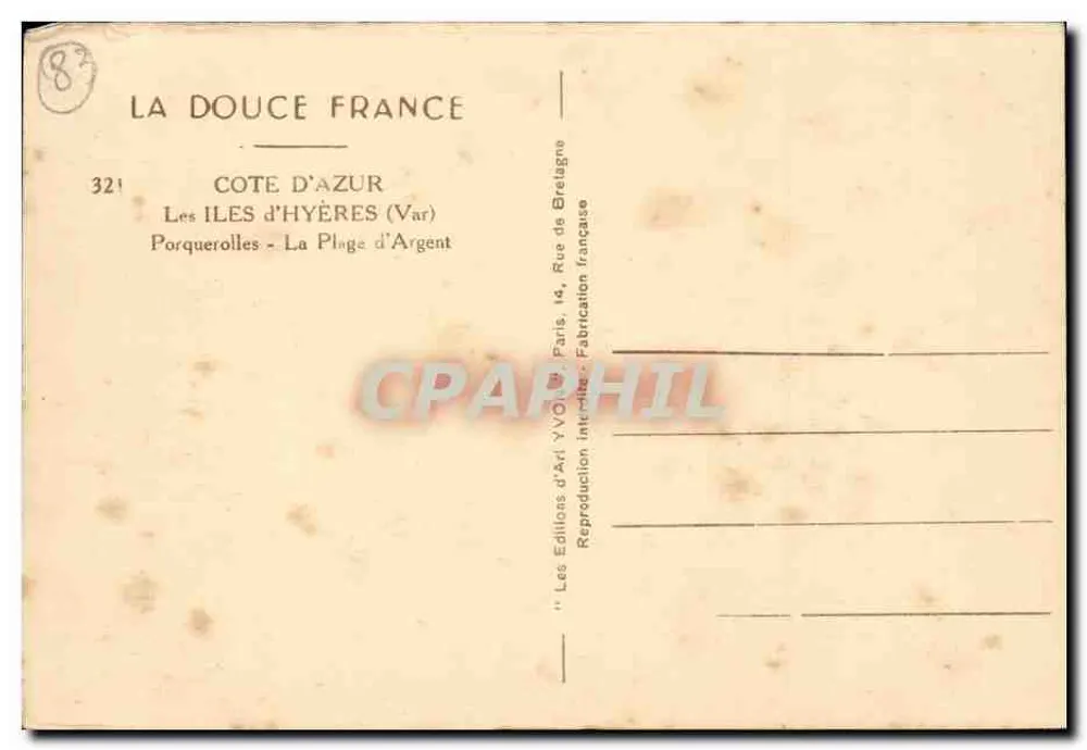 Porquerolles - La Plage d'Argent — Côte d'Azur (Var) — Éditions d'Art YVO 14, Paris - Rückseite