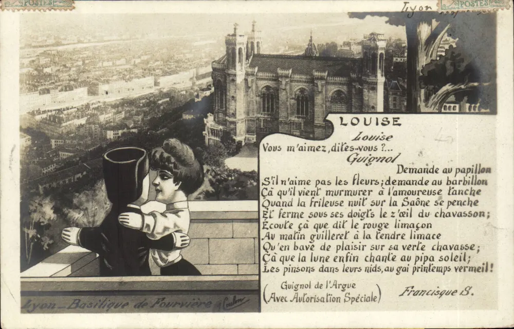 Lyon - Basilique de Fourvière — Panoramablick mit Guignol-Gedicht — Verlag Lyon - Vorderseite
