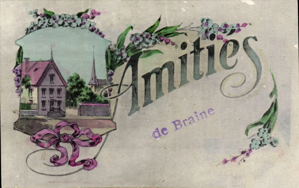 Amizades de Braine — cartão postal decorativo com ilustração de casa e igreja — editor desconhecido - Frente