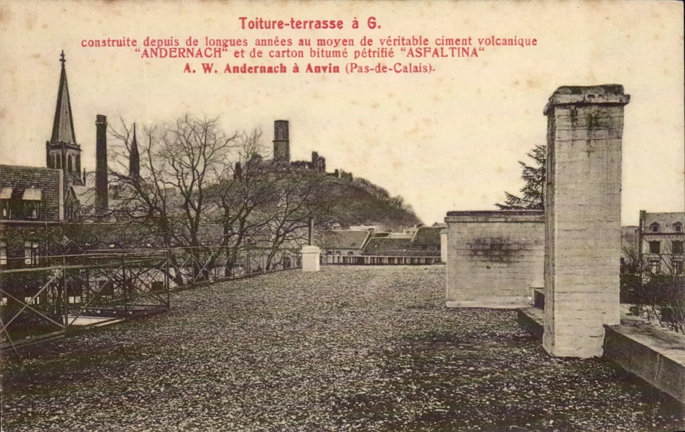 Dachterrasse bei G. — A. W. Andernach in Anvin (Pas-de-Calais) — Werbung für vulkanischen Zement und bituminiertes petrifiertes Karton « ASFALTINA » - Vorderseite