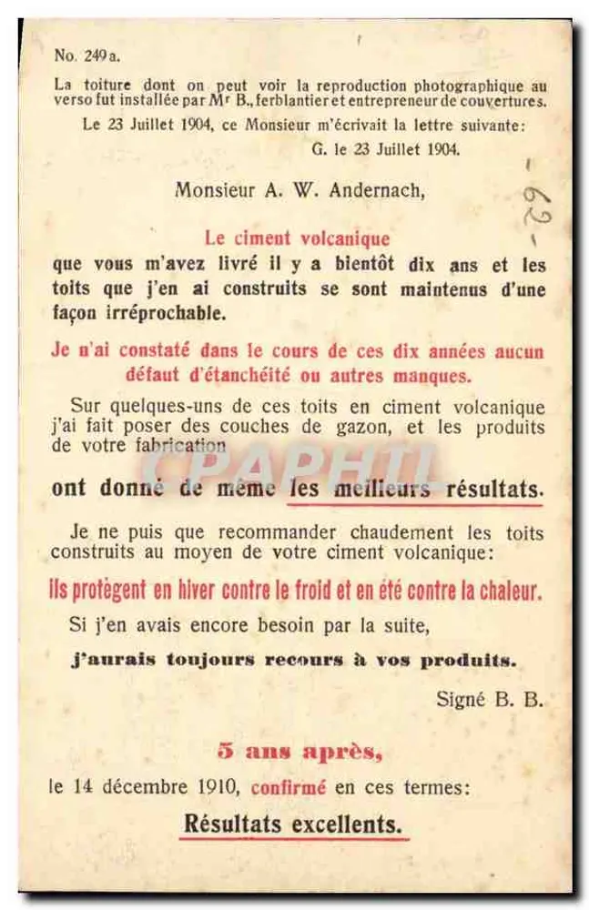 Dachterrasse bei G. — A. W. Andernach in Anvin (Pas-de-Calais) — Werbung für vulkanischen Zement und bituminiertes petrifiertes Karton « ASFALTINA » - Rückseite