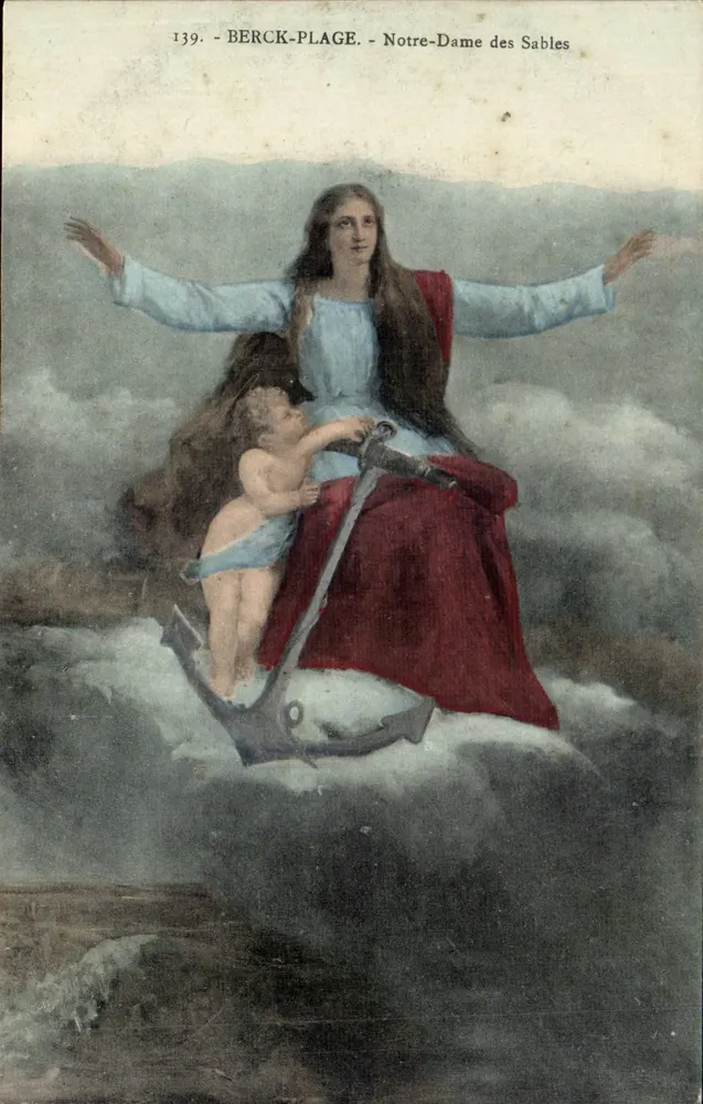 Berck-Plage - Nossa Senhora das Areias — ilustração religiosa com uma Virgem e uma criança sobre um âncora - Frente