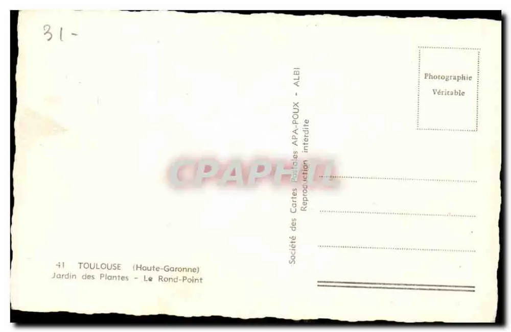 Jardin des Plantes - Le Rond-Point — Toulouse (Haute-Garonne) — Société des Cartes Postales APA-POUX - Rückseite