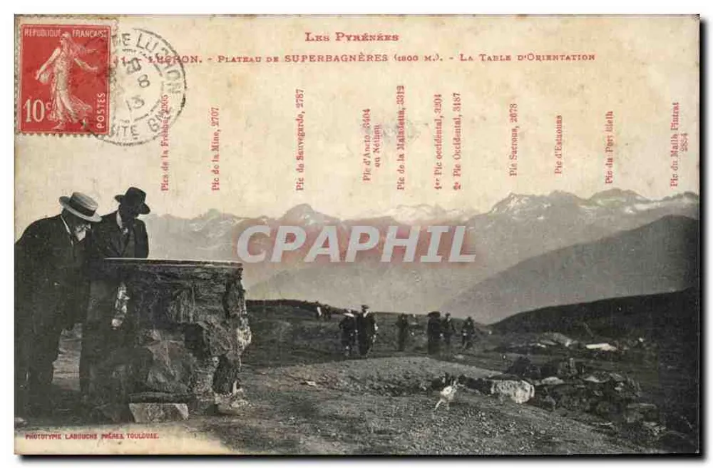 Die Pyrenäen — Plateau de Superbagnères (1800 m.) — Die Orientierungstafel — Phototypie Langhues Frères Toulouse - Vorderseite