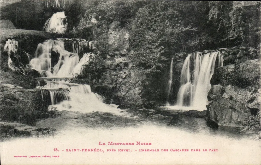 La Montagne Noire — Ensemble der Wasserfälle im Park — Phototypie Labouche Frères, n°15 - Vorderseite