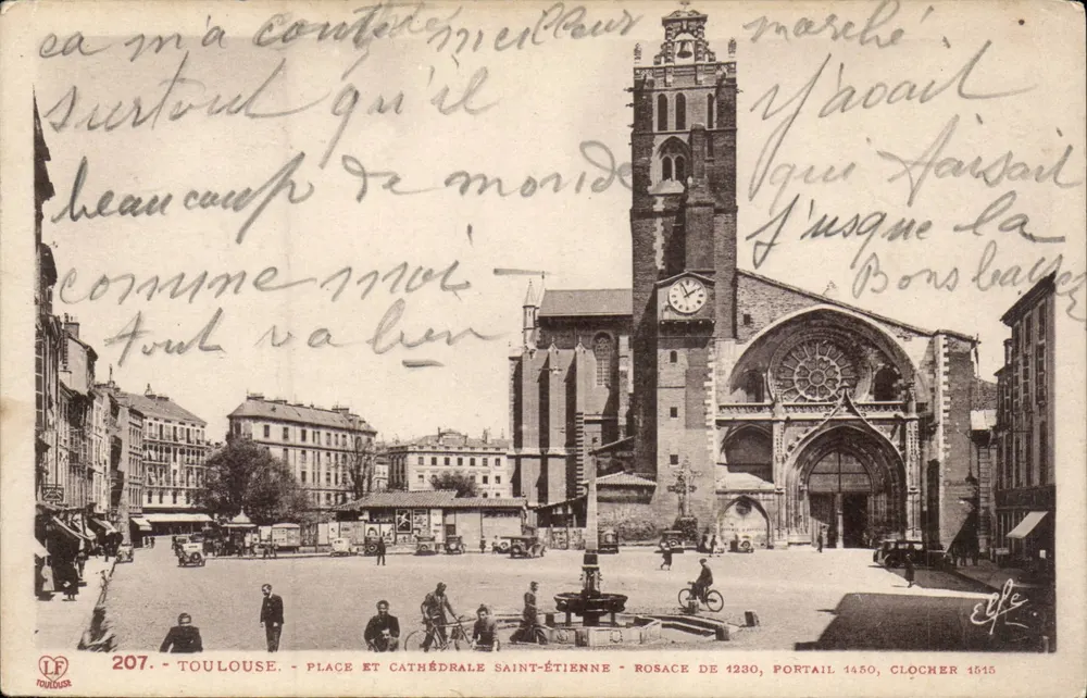 Toulouse - Platz und Kathedrale Saint-Étienne - Rosenfenster von 1230, Portal 1450, Turm 1515 - Vorderseite
