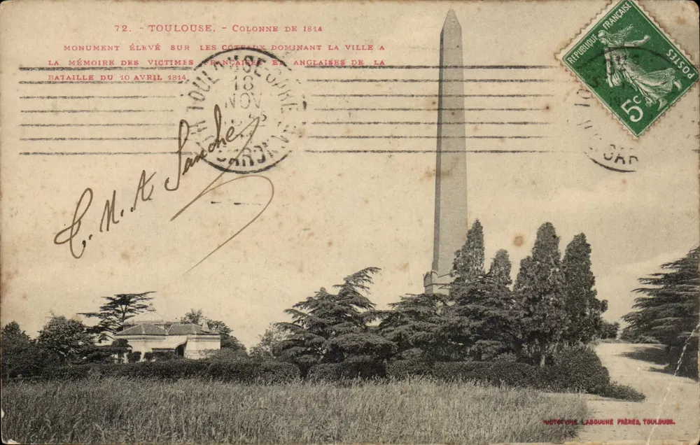 Toulouse - Coluna de 1814 — Monumento erguido nos morros dominando a cidade em memória das vítimas francesas e inglesas da batalha de 10 de abril de 1814 — editor: Phototype Labouche Frères, Toulouse - Frente