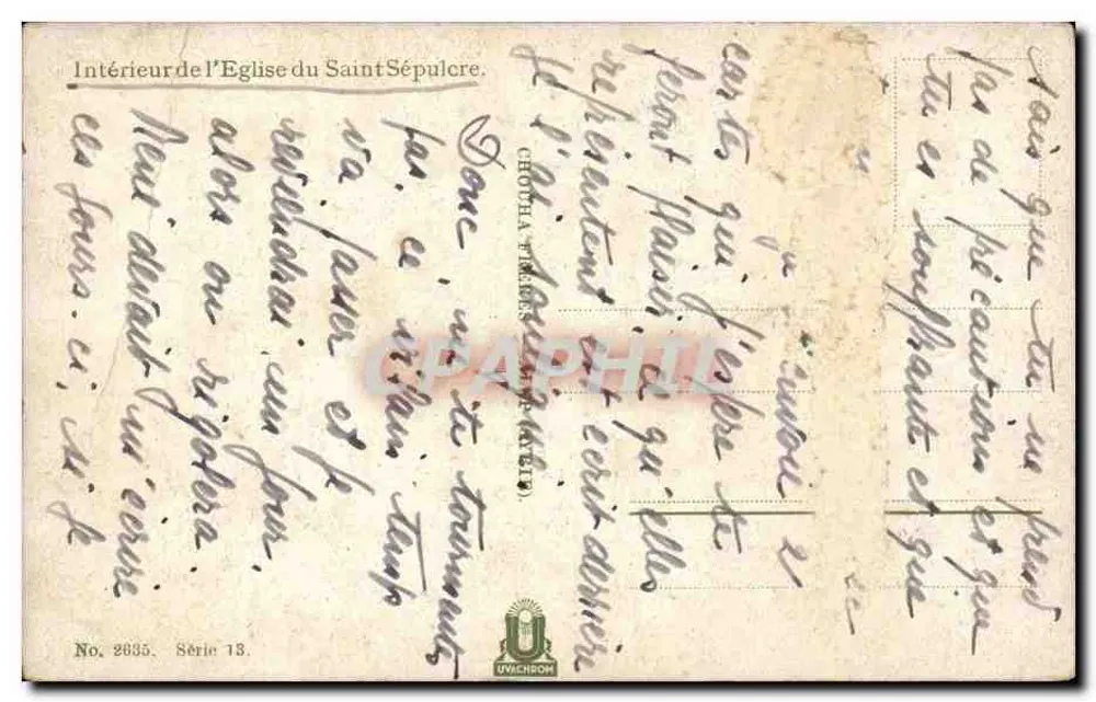 Innenansicht der Kirche des Heiligen Grabes — Blick auf den Altar — Verlag Uvichron, Nr. 2685, Serie 13 - Rückseite