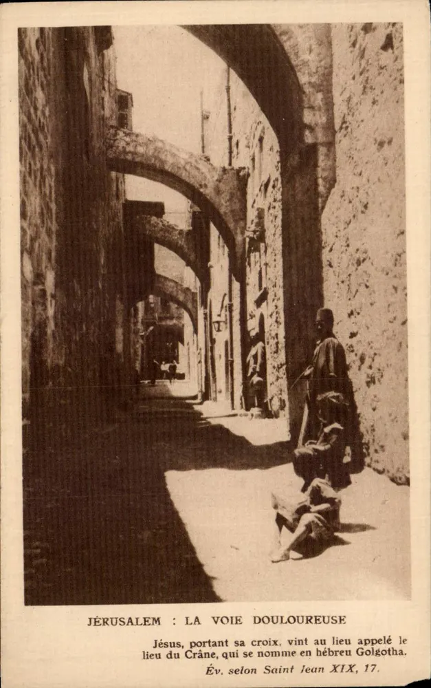 Jerusalem: Die Via Dolorosa — Nach dem Evangelium des Heiligen Johannes XIX, 17 — A. Mouret, Verlag Paris - Vorderseite