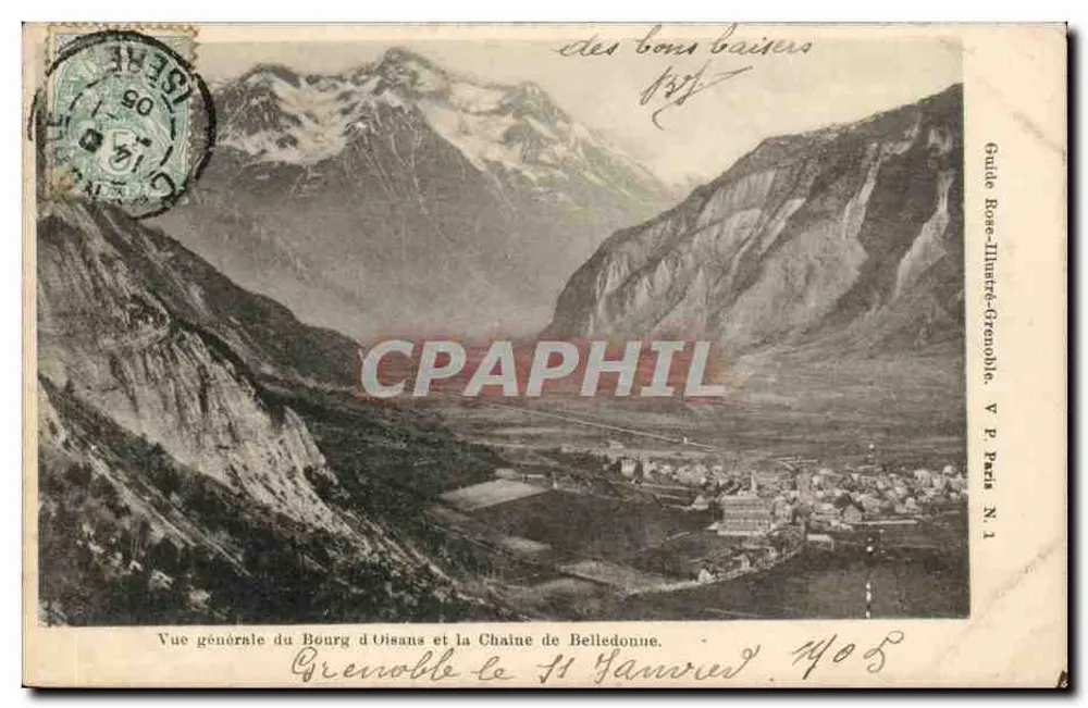 Allgemeiner Blick auf Bourg d'Oisans und die Belledonne-Kette — Guide Rose-Illustre-Grenoble, V P Paris N 1 - Vorderseite