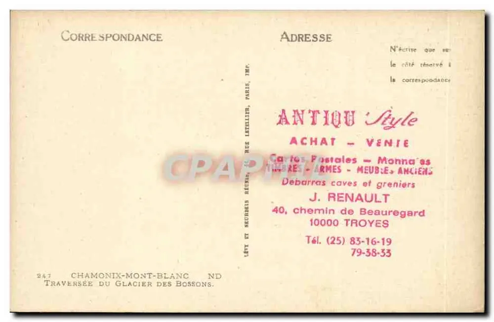 Überquerung des Bossons-Gletschers — Chamonix-Mont-Blanc — Verleger J. Renault, Nr. 247 - Rückseite