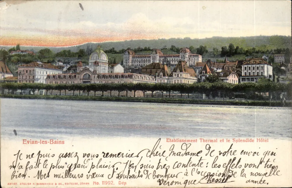 Evian-les-Bains — Thermalbad und das Hotel Splendide — Atelier H. Rubbenheim & Co., Zürich, Nr. 11992 - Vorderseite