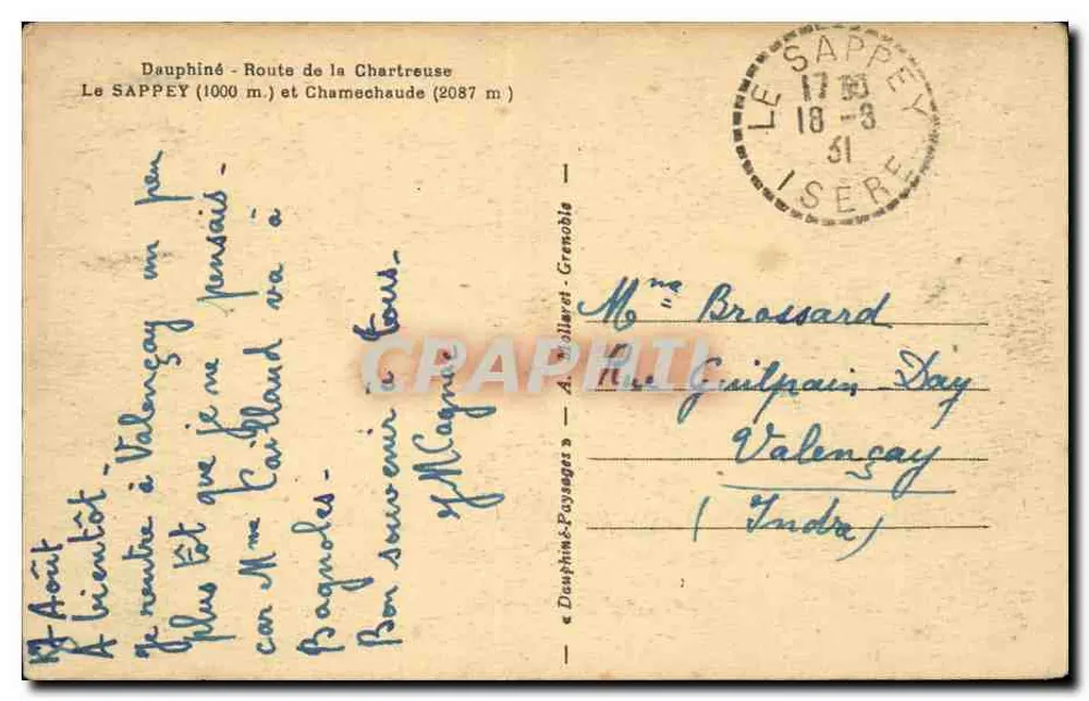 Le Sappey (1000 m) und Chamechaude (2087 m) — Dauphiné - Route de la Chartreuse — Verlag A. Dillaret - Grenoble - Rückseite