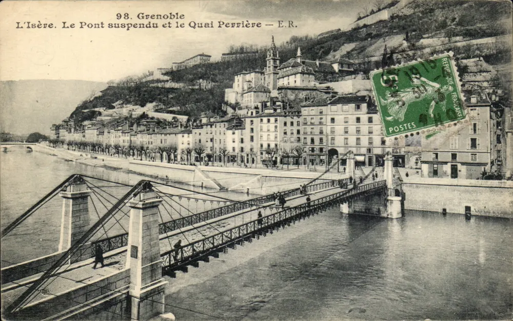 Grenoble — Die Isère. Der Hängebrücke und der Quai Perrière — E.R. - Vorderseite