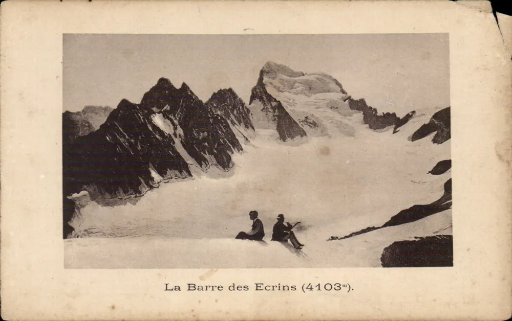 La Barre des Ecrins (4103m) — alpine Ansicht mit zwei sitzenden Personen - Vorderseite