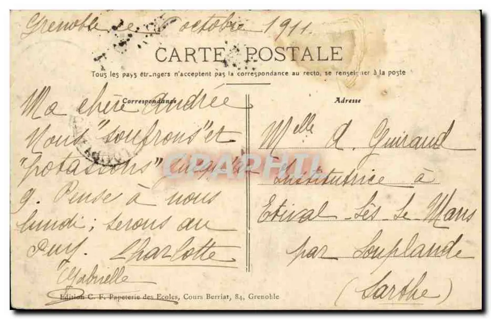 Grenoble — Allgemeiner Blick und die Kette der Alpen — Edition C. F. Papeterie des Écoles - Rückseite