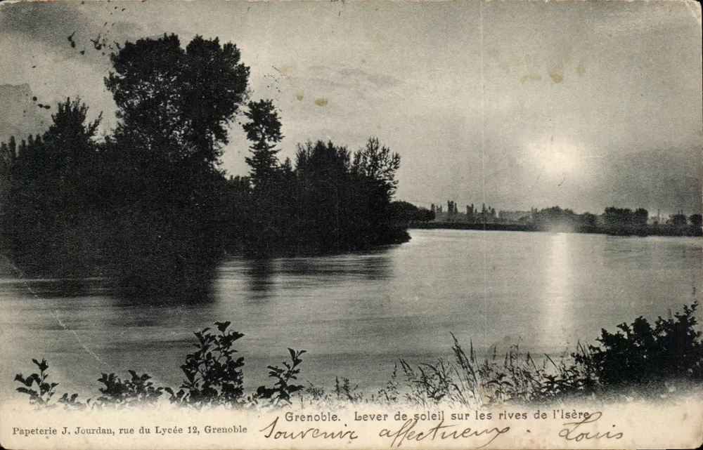 Grenoble — Sonnenaufgang an den Ufern der Isère — Papeterie J. Jourdan, rue du Lycée 12, Grenoble - Vorderseite