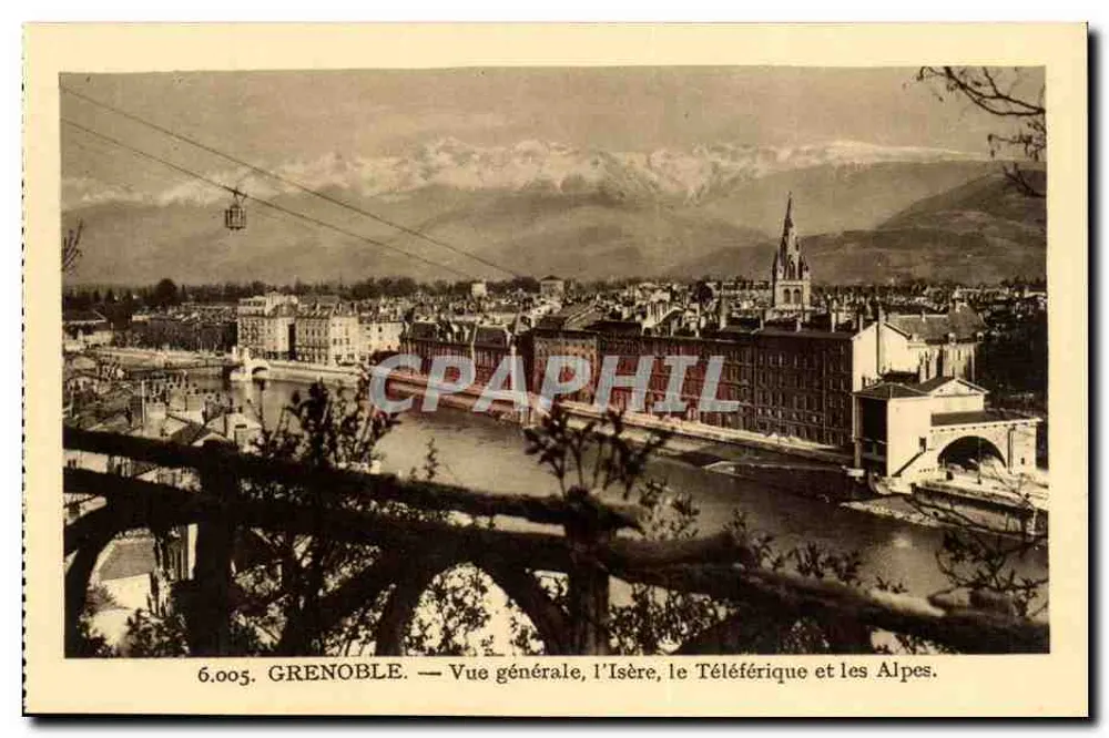 Grenoble — Allgemeiner Blick, der Isère, der Seilbahn und die Alpen — 6.005 - Vorderseite