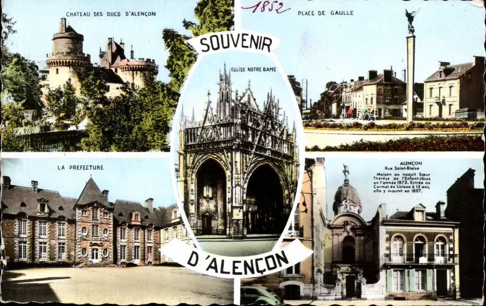 Castelo dos Duques de Alençon — Igreja Nossa Senhora — Praça de Gaulle — Prefeitura — Lembrete de Alençon - Frente