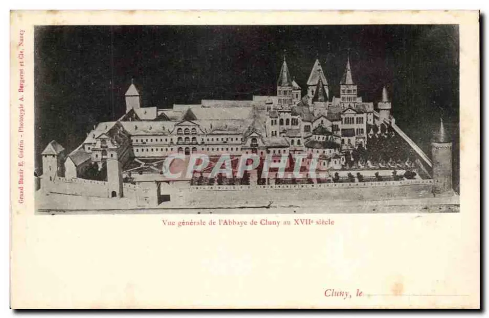 Cluny — Allgemeiner Blick auf das Kloster Cluny im 17. Jahrhundert — Grand Bazar E. Guérin - Phototypie A. Bageret et Cie, Nancy - Vorderseite