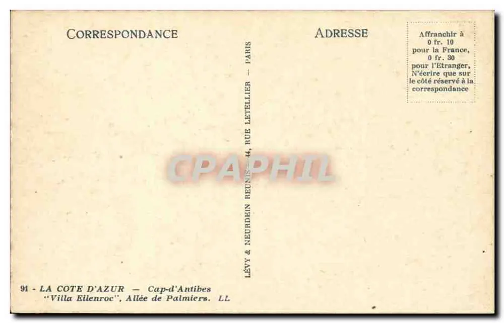 Cap-d'Antibes — Villa Ellenroc — Allee der Palmen — Lévy & Neurden — n°91 - Rückseite