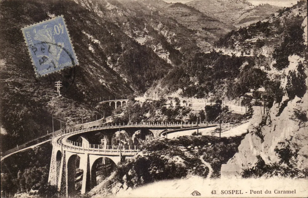 SospeL - Pont du Caramel — vista do ponte em arco sobre um canyon montanhoso — editor desconhecido, n° 43 - Frente