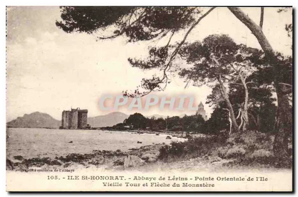 Insel St-Honorat - Abtei Lérins - östlicher Punkt der Insel - Alte Turm und Spitz des Klosters - Vorderseite