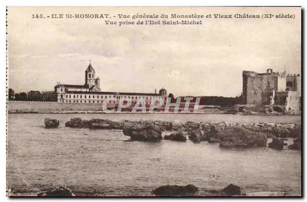 Isla de San Honorato — Vista general del Monasterio y Viejo Castillo (siglo XI) — Editor: Ciletta, Niza - Anverso