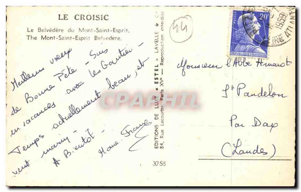 O Belvedere do Mont-Saint-Esprit — Le Croisic — Editor Estel, n° 3753 - Verso