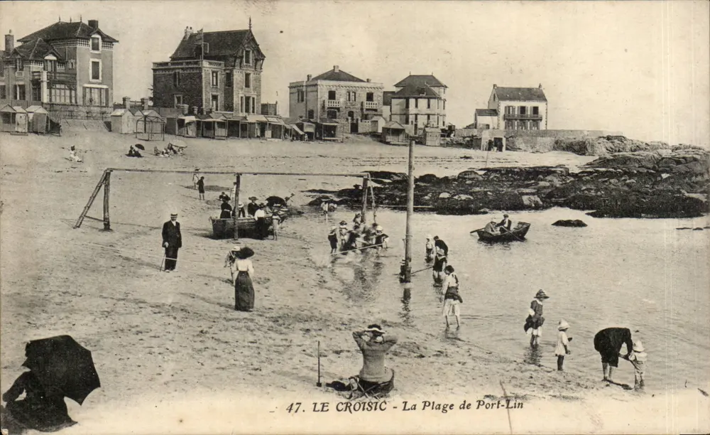 Le Croisic - A Praia de Port-Lin — vista da praia com banhistas e edifícios costeiros — editor Artaud e Nozals, n° 47 - Frente