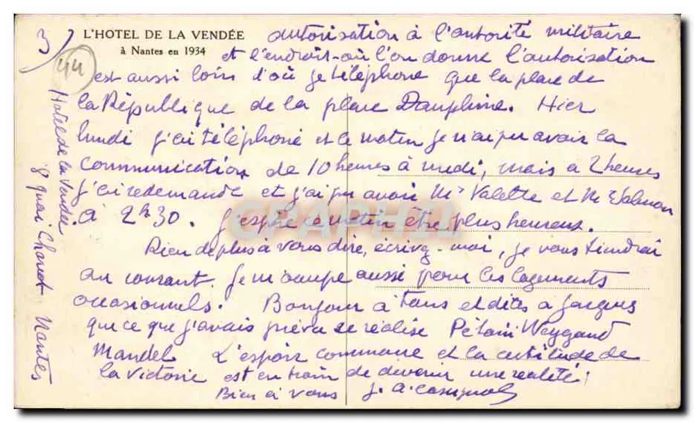 Hôtel de la Vendée — Nantes — 1934 - Verso