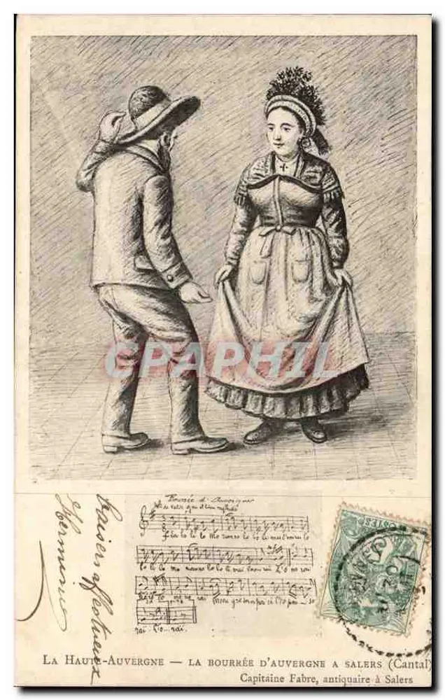 Höhere Auvergne — Die Bourrée von Auvergne in Salers (Cantal) — Kapitän Fabre, Antiquar in Salers - Vorderseite
