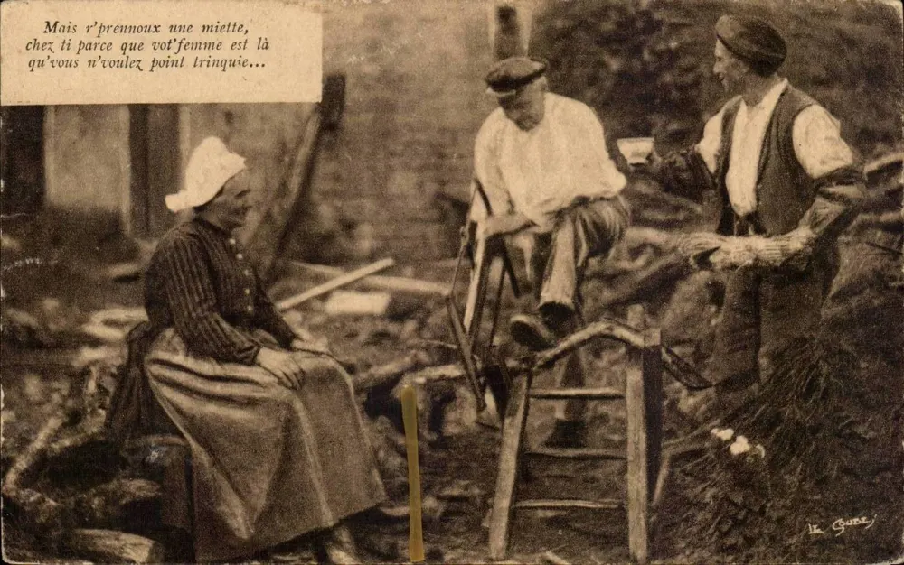 Scena normandzkiego życia — trzech postaci — Le Gouez - Awers