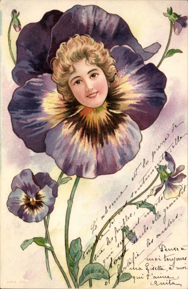 Frau in einer violetten Vergissmeinnicht — Serie 373 — Cartolina Postale - Vorderseite
