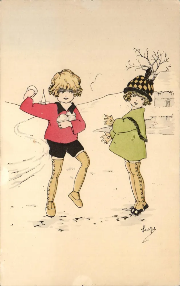 Zwei Kinder, die im Schnee spielen — Illustration von Luze — Cathelin et Bartrin Edit., Paris, Serie Nr. 33 - Vorderseite