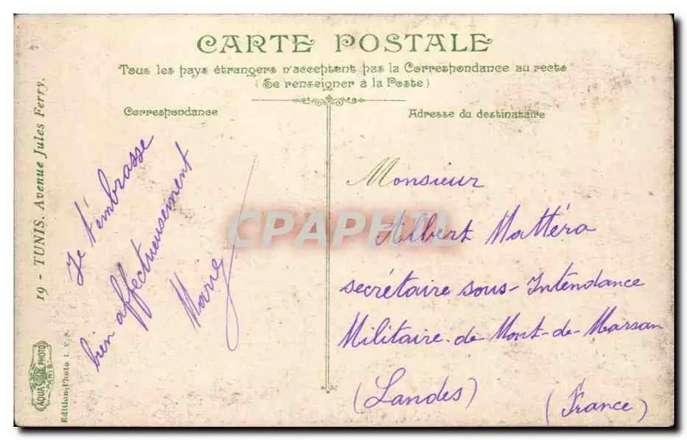Tunis - Avenue Jules Ferry — Straßenbahn und Fußgängerzone — Editions Photo Jules Ferry, n°19 - Rückseite