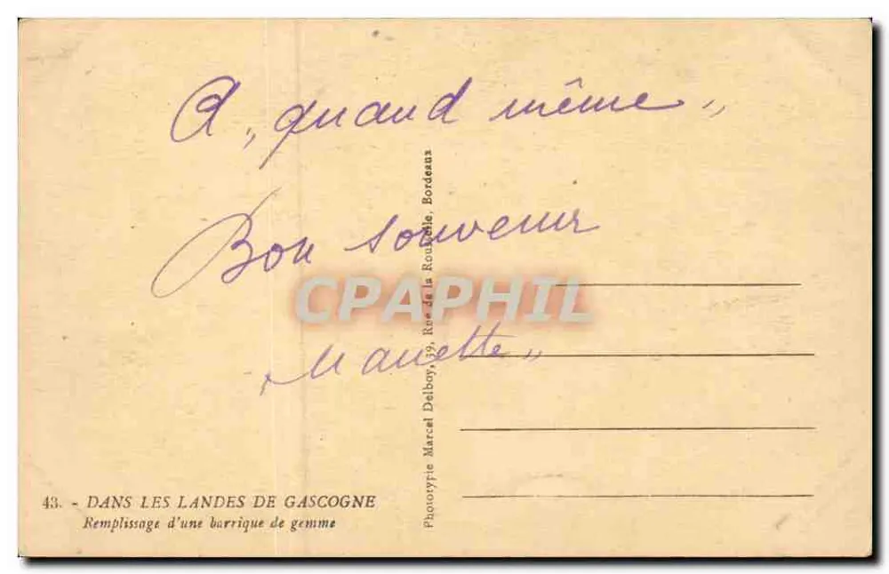 Auffüllen einer Edelsteinfässer — Die Landes de Gascogne — Phototypie Marcel Delboy - Rückseite