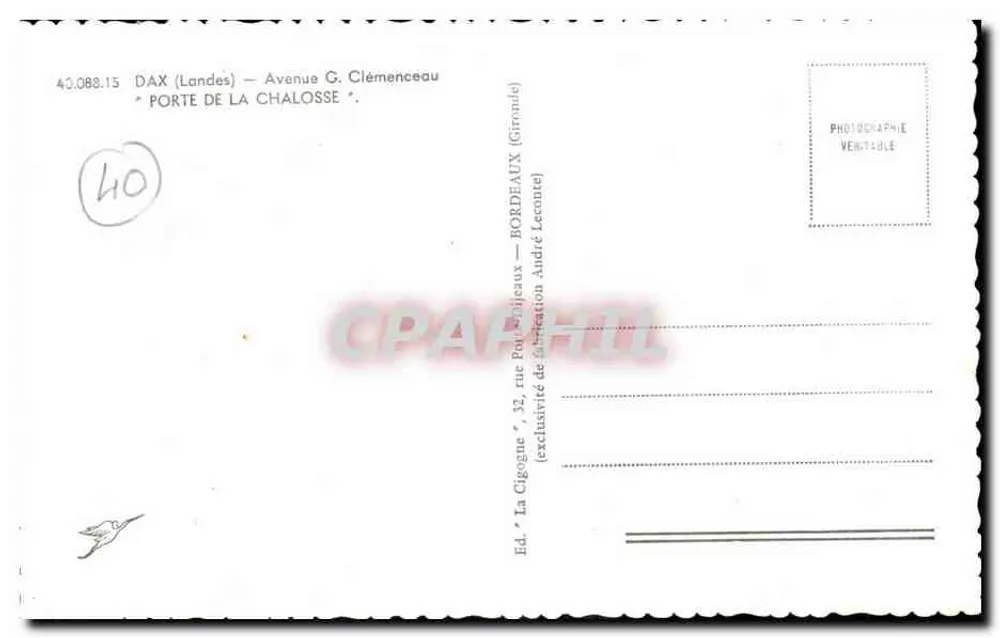 Tor der Chalosse — Dax (Landes) — Verlag: La Cigogne, André Lecornet - Rückseite
