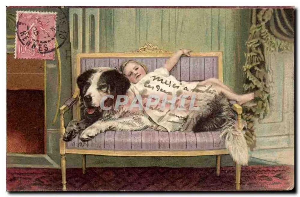 Frau und Hund auf einem Sofa — häusliche Szene — Verlag nicht sichtbar - Vorderseite