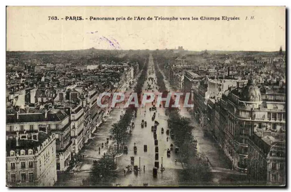 Paris - Panorama tirado do Arco do Triunfo em direção aos Campos Elísios — J. H. — n° 763 - Frente