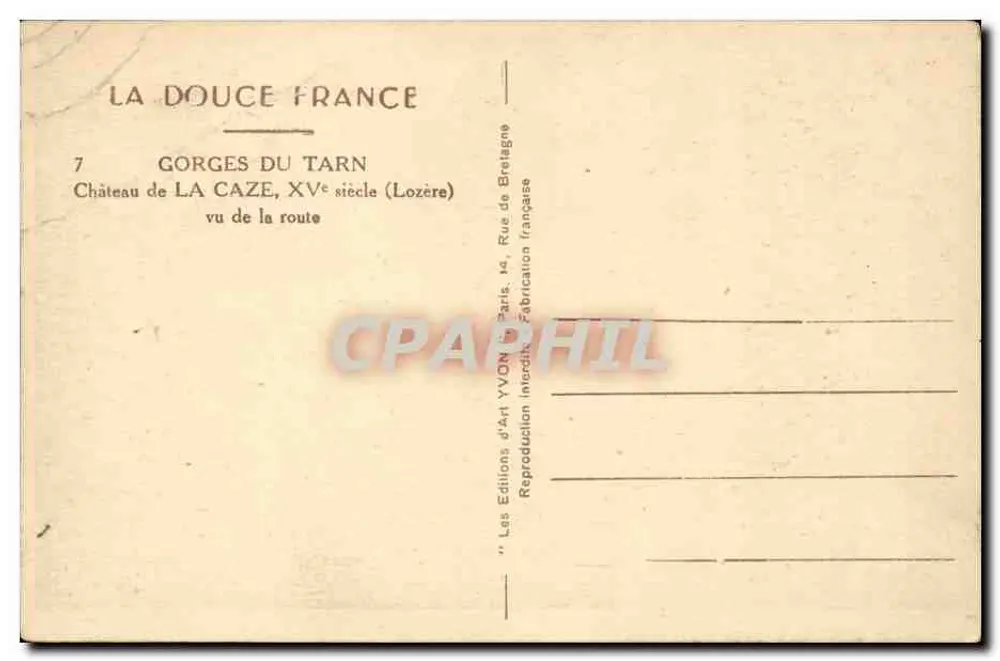 Schloss La Caze — Schlucht des Tarn — 15. Jahrhundert (Lozère) — Éditions d'Art YVON - Rückseite