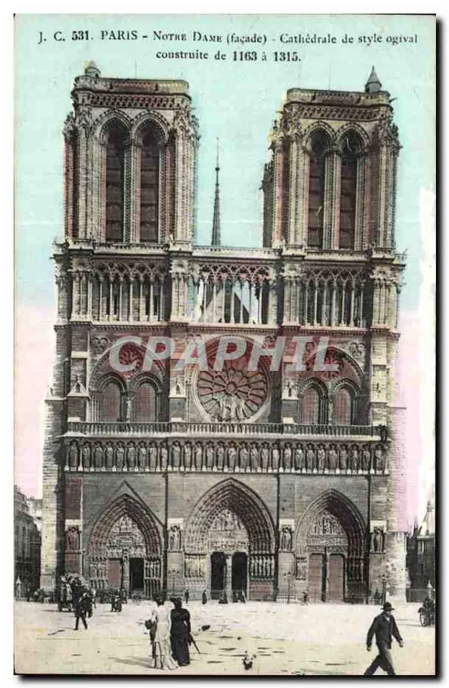 Paris - Notre-Dame (fachada) - Catedral de estilo ogival construída entre 1163 e 1315 — J. C. 531 - Frente