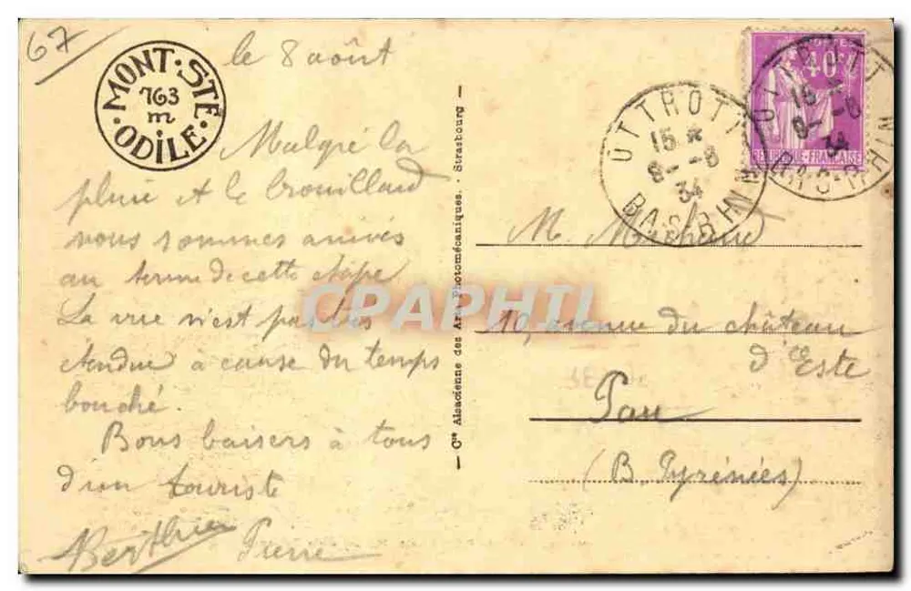 Monte Ste-Odile (alt. 763 m) — A Terrasse — editor desconhecido, n° 112 - Verso