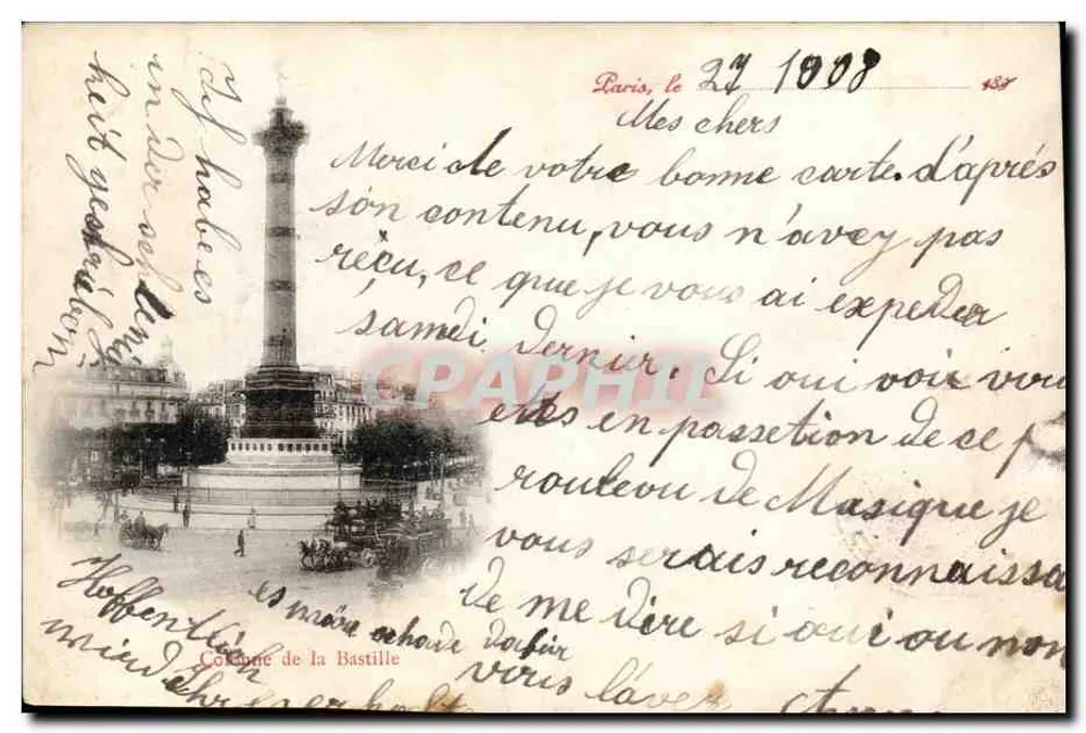 Coluna da Bastilha — Paris — editor desconhecido, número de série 458 - Frente