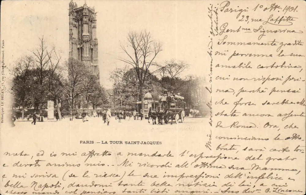 Paris — A Torre Saint-Jacques — Héliotypie LE DÉLÉX, 25, rue Claude Bernard, Paris - Frente