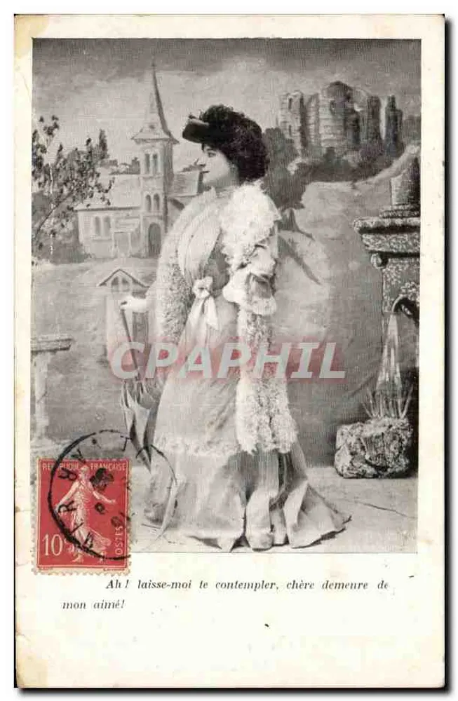 Frau in einem Pelzschalkleid — Landschaft mit Kirche und Ruinen — Verlag nicht sichtbar - Vorderseite