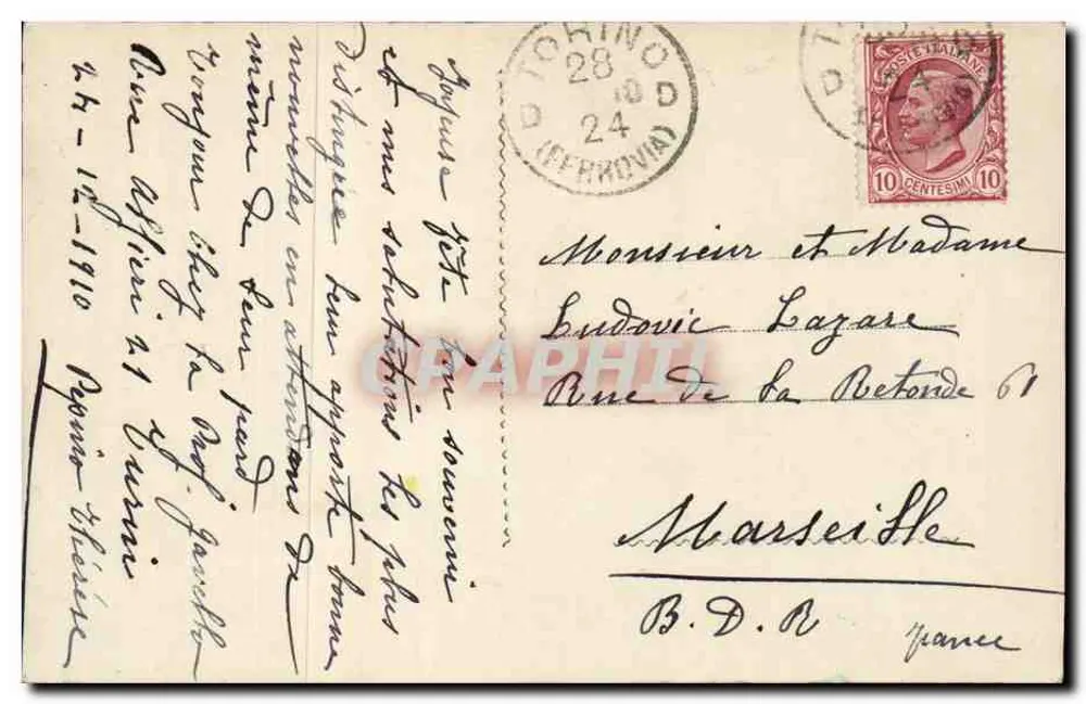 Dois crianças em traje de Natal — decoração de paisagem invernal — cartão postal italiano - Verso