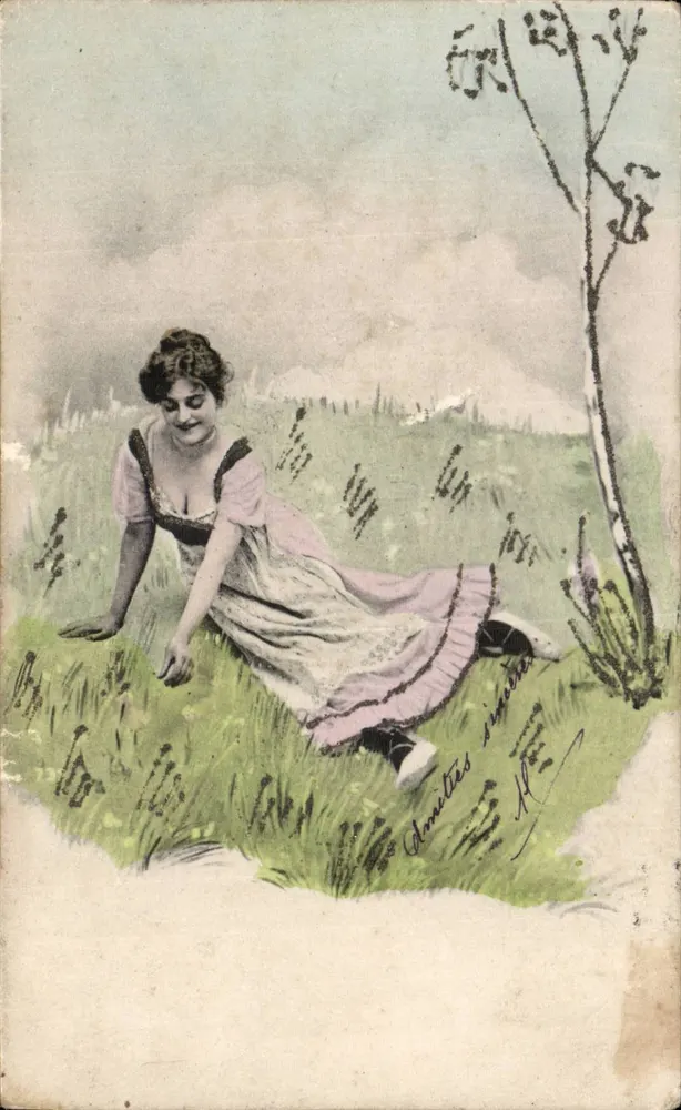 Frau, die im Gras sitzt — farbig illustriert — Verlag nicht sichtbar - Vorderseite