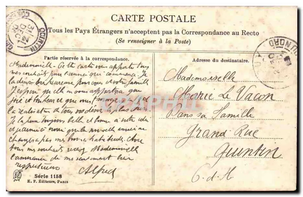 Frau mit Blumen und Klee — Frohes Neues Jahr! — K. F. Verlag, Paris, Serie 1158 - Rückseite